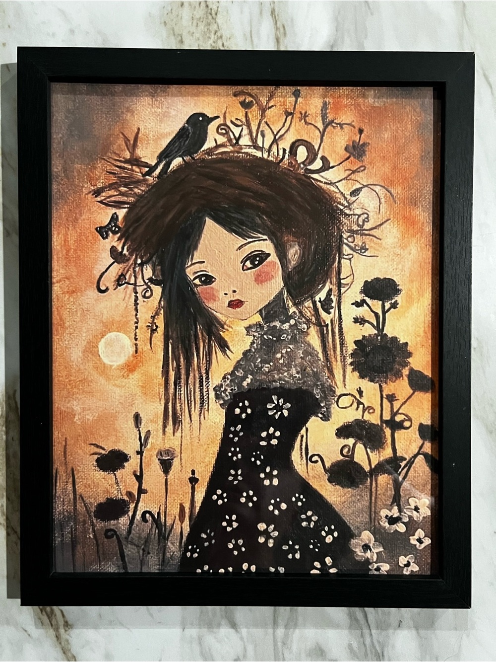 Framed Gothic Girl Illustration Art Print in Black and Brown Tones